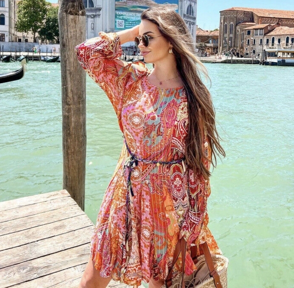 NWT Zara Short Printed Dress Belted Multicolored Orange Size XL 7521/049 - Picture 2 of 15